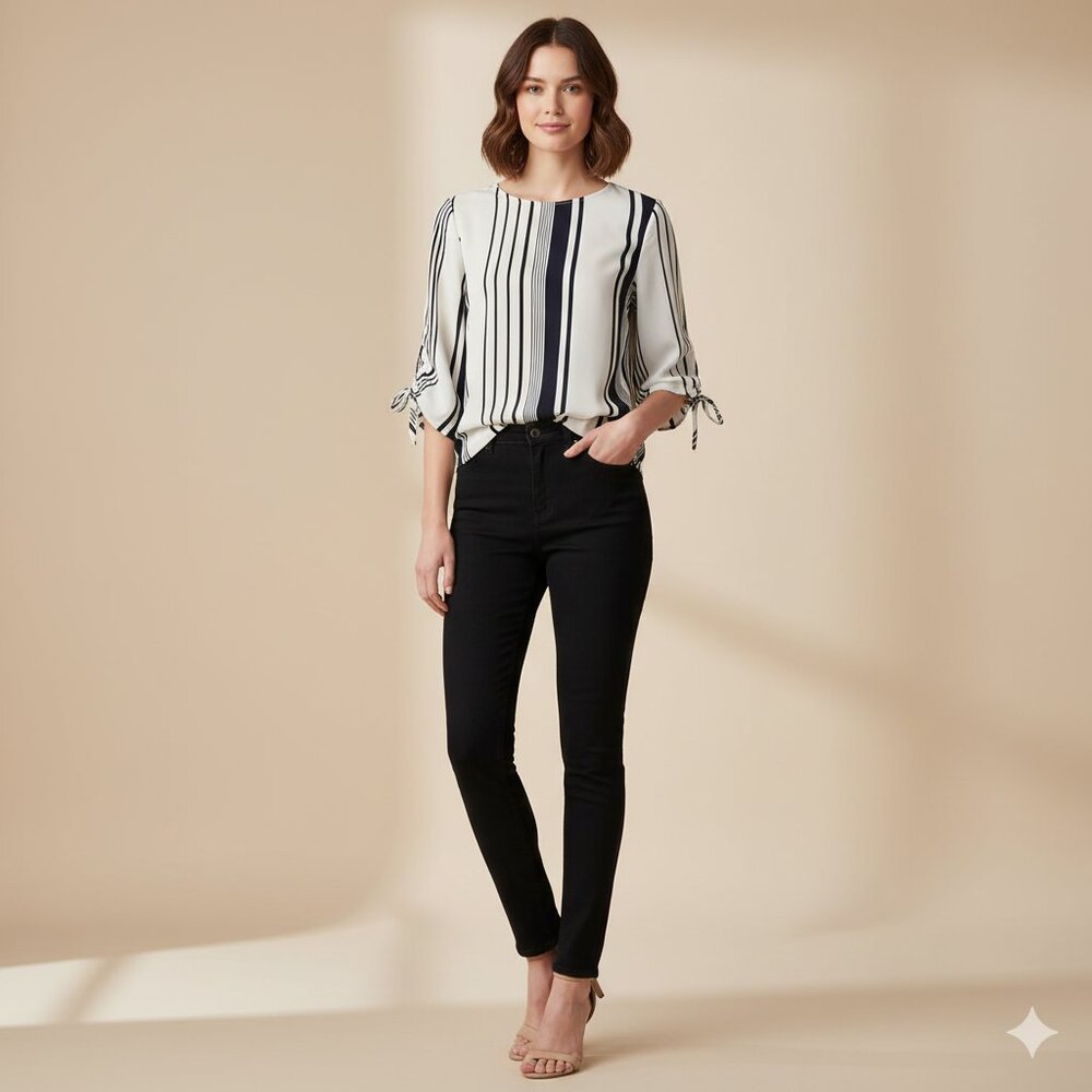 H&M Women’s Black White Striped Blouse Size 2 Ruched Sleeve Modern Top